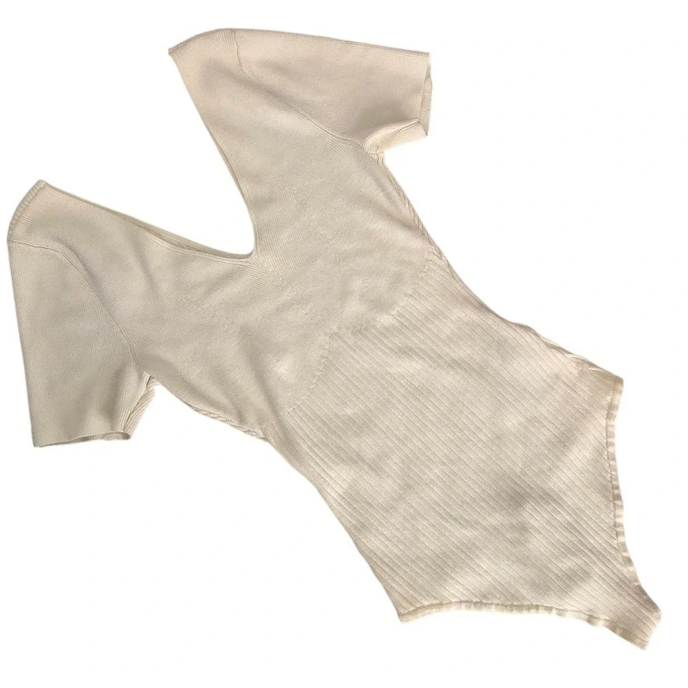 Abercrombie & Fitch Womens‎ Cream Ribbed Knit V-Neck Short Sleeve Bodysuit rib L